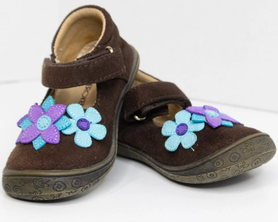 Zapatos Cherokee Marrón Gamuza con Flores Púrpura y Azul Mary Janes Talla 05 Foto 3 de 4