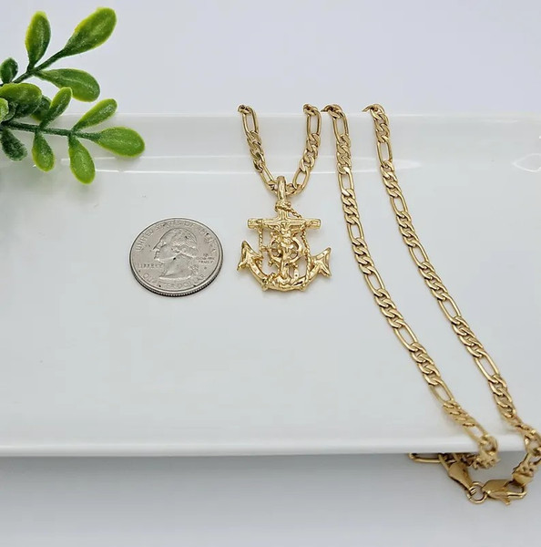 Alternate view of Gold Anchor Crucifix Pendant With 4mm Round Figaro Chain, 14k Heavy Plated Gold