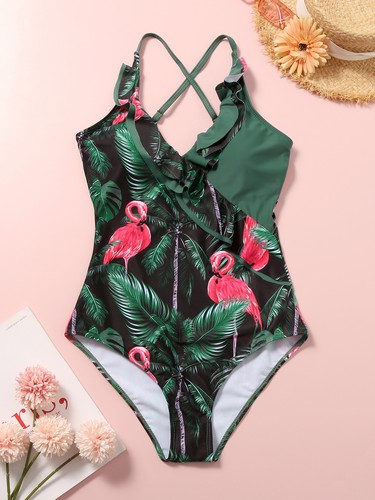 Women One Piece Swimsuit V Neck Ruffled Lace Up Bikini Swimwear Bathing Suit - Picture 29 of 34