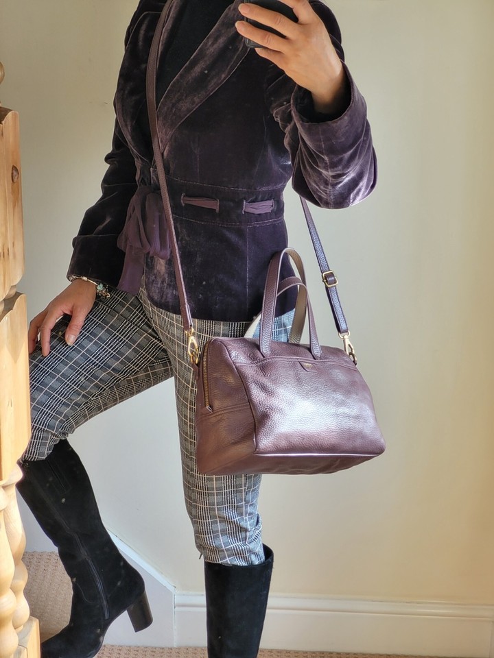 Fossil Purple Leather Bowling Tote Loom Dust Bag Handb Shoulder