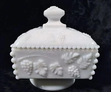 WESTMORELAND White Milk Glass Square Covered Candy Dish Grape & Leaf