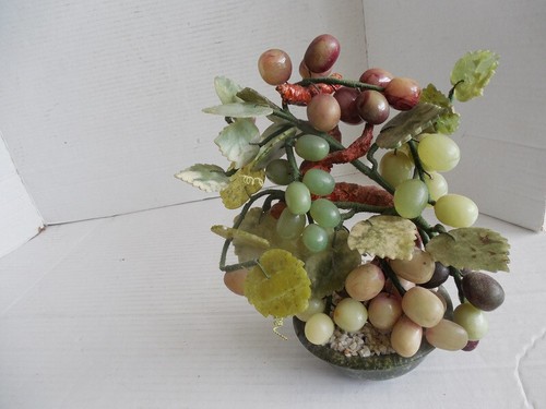 Scultura vintage in pietra di giada uva frutto bonsai albero intagliato 9,5" - Foto 5 di 7