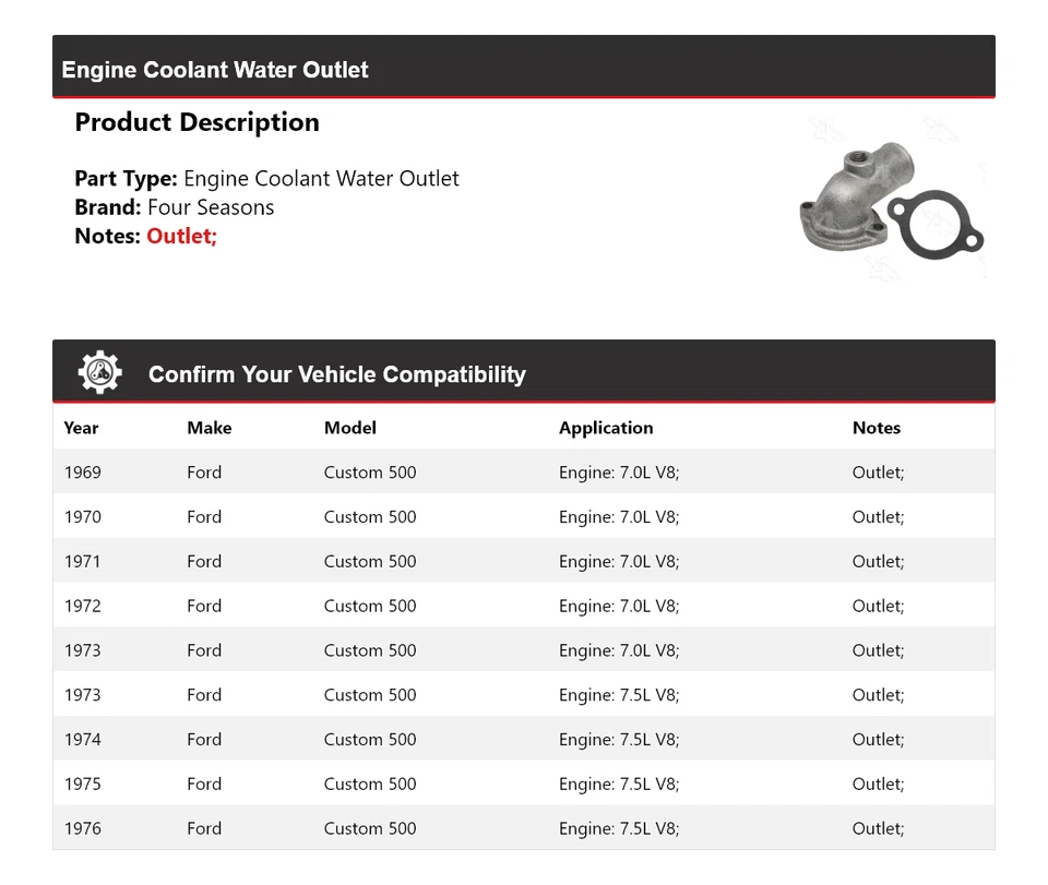 For 1969-1976 Ford Custom 500 Engine Coolant Water Outlet 4 Seasons 1970 1971 - Image 2 of 4