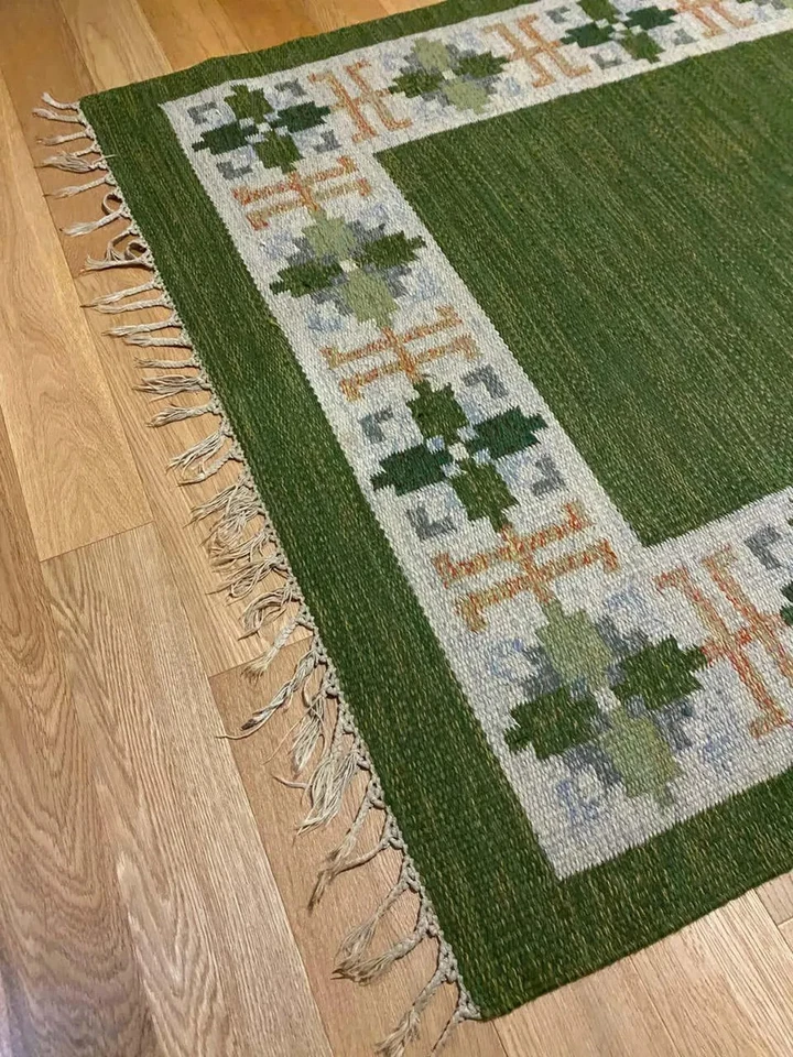 Alfombra Kilim sueca escandinava de tejido plano verde para sala de estar alfombra dormitorio Foto 3 de 4