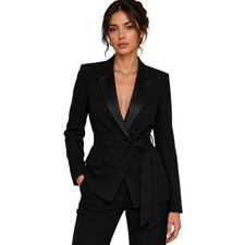 Sandro Paris Womens Belted Asymmetric Tuxedo Blazer Black Satin Peak Lapel 4