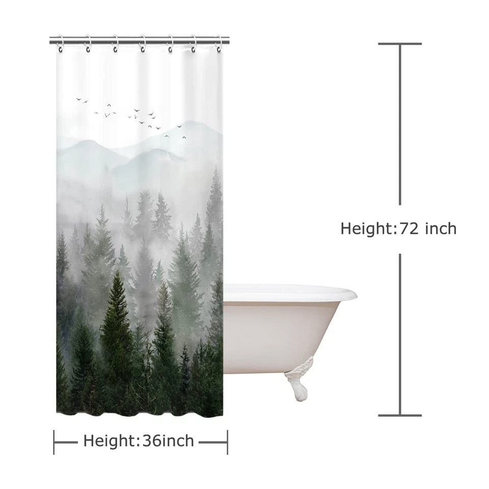 Stall Shower Curtain, 36"x72" Inches, Misty Forest Mountain Tree Shower Curta... - Image 4 of 4