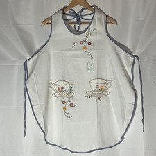 Full White Apron with Blue Gingham Edge and Tea Cup Embroidered Pockets