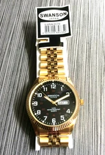 Swanson Men Watch Round Day & Date Black Dial 12/24 Hour Display Gold Link Band!