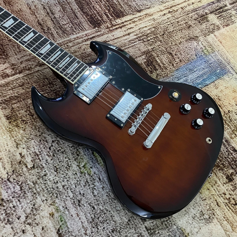 Guitarra eléctrica marrón 6 cuerdas SG cuerpo caoba maciza accesorios cromados Foto 3 de 4