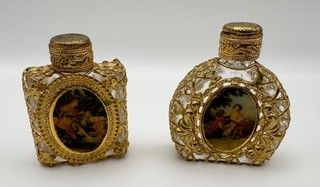 2 x Vintage Miniature Glass Perfume Bottles Filigree Metal Miniature Pictures