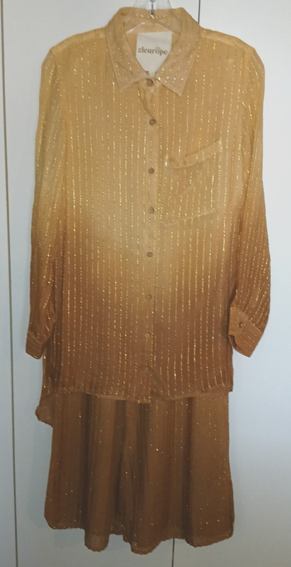 ZLEUROPE LADIES 2-PC BOHO VISCOSE/METALLIC WIDE-LEG PANTS/LONG BUTTON TOP-S-CUTE