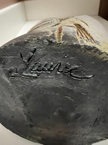 Vtg Studio Raku Pottery Vase Signed Laurie Abstract Incised Copper Accents 6″ - Picture 8 of 10