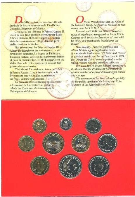 Monaco 1995 Mint Set of 10 Coins,1 Centimes-20 Francs, UNC - Image 3 of 4