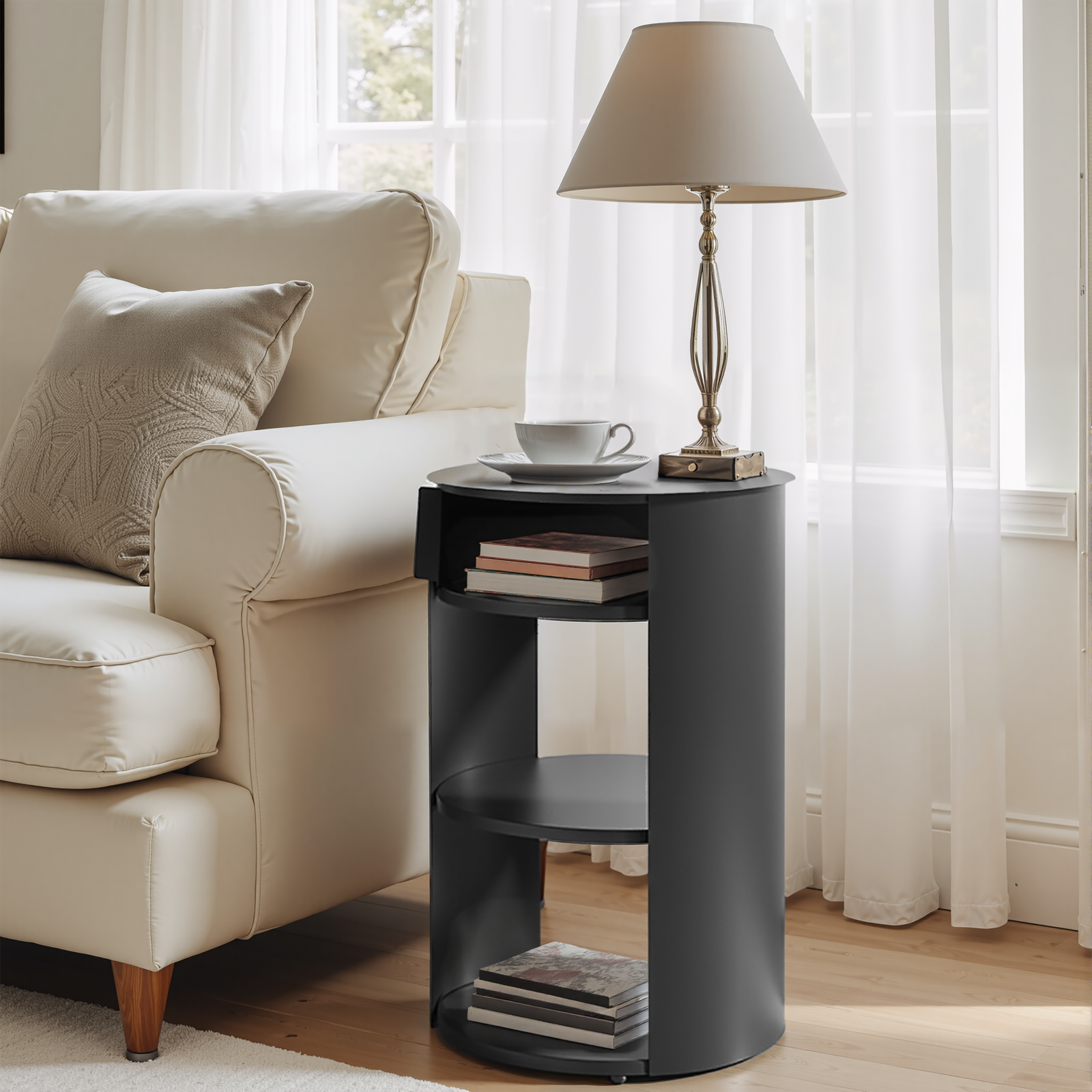 Indoor 3-Tier Metal Round Side Table with Sliding Door Cabinet, Matte Black