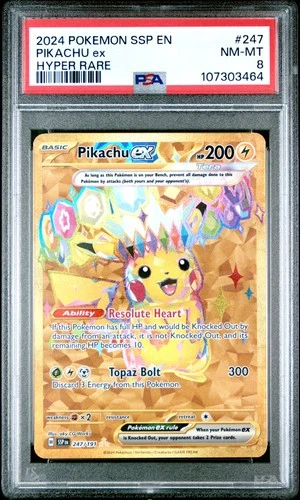 2024 POKEMON SSP EN-SURGING SPARKS HYPER RARE #247 PIKACHU EX PSA 8