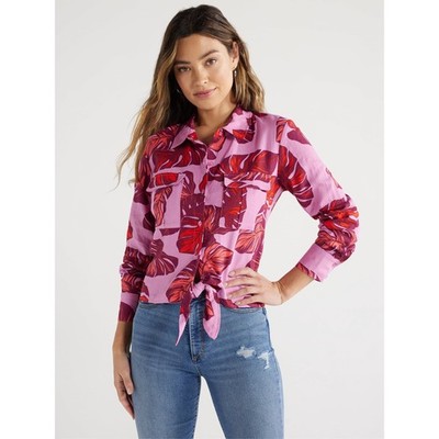 Sofia Jeans Women' Linen Blend Tie Front Top with Cargo Pocket Size L --U5--