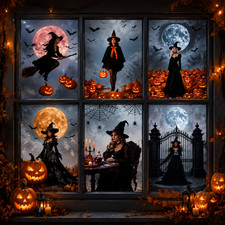 6 Sheets Halloween Window Clings Witch Pumpkin Bat Glass Door Decor Stickers