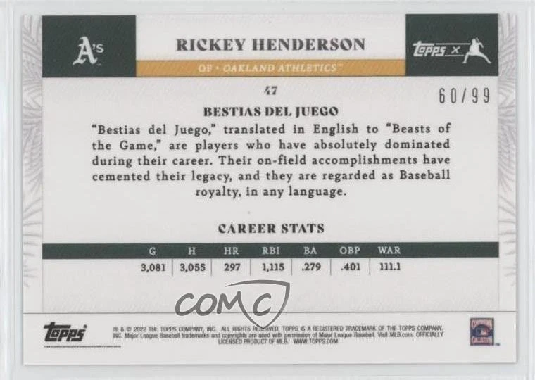 2022 Topps X Juan Soto Bestias Del Juego Silver /99 Rickey Henderson #47 HOF - Image 2 of 2