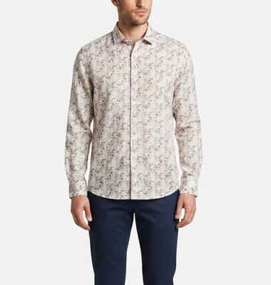 Stitch Note Mens Shirt Large Floral 100% European Linen Long Sleeve Button Down