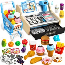Wooden Cash Register for Kids with Shopping Cart Rechargeable Kid Cash Regist...