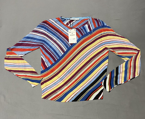 ZARA KNIT Women’s Pullover Sweater Wavy Stripe Rainbow Retro Multicolor - Medium
