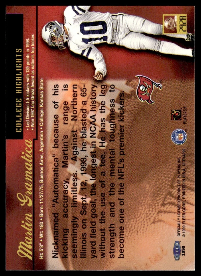 1999 FLEER ULTRA ROOKIE Martin Gramatica Rookie Tampa Bay Buccaneers #292R R179 - Image 2 of 2
