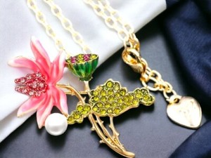 Authentic Gold plated pink and green crystal pearl lotus Necklace/brooch
