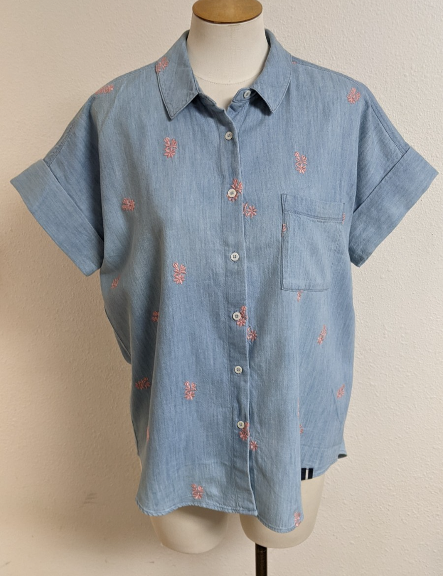 FILA Camicia Court & Rowe blu chambray ricamata floreale manica corta con bottoni M