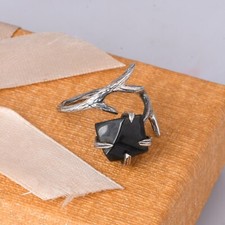 925 Sterling Silver Natural Rough Black Obsidian Prong Set Ring Crystal Jewelry
