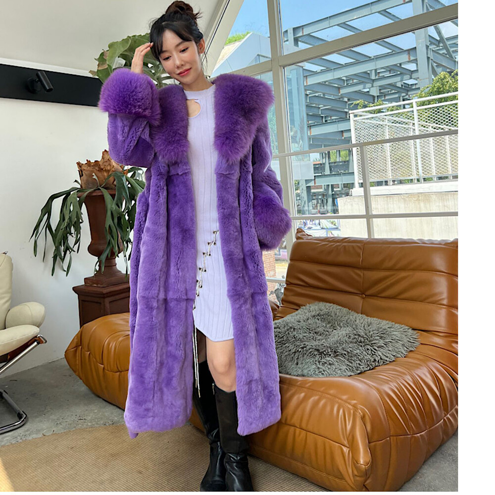 Womens Chinchila Like Genuine Rex Rabbit Fur Coat Lapel Collar