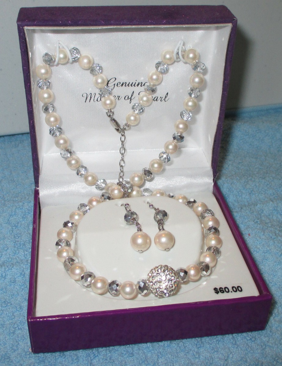 Fine Silver Plated Genuine Mother of Pearl Necklace Earrings NWT MSRP  $60