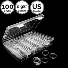 100 Lots 0.98 IN 25 mm Coin Capsule Holders w/ Storage Case 4 US Quarter Dollar