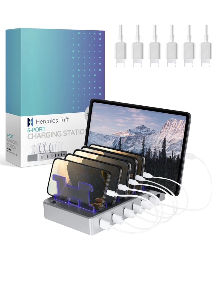 Hercules Tuff Charging Station  6 Port Universal USB  Cables Included Silver New - Image 2 of 4