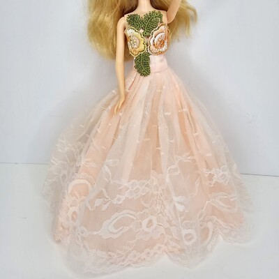 Barlina Peach Pink Lace Floral Ball Gown Doll Dress Made For Barbie Dress ONLY