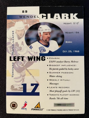 Wendel CLARK 1997-98 Pinnacle Inside Hockey #89 Toronto Maple Leafs - Picture 2 of 2