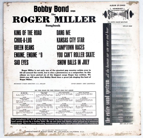 BOBBY BOND – BOBBY BOND SINGS THE ROGER MILLER SONGBOOK VINYL LP 222-30 - Picture 2 of 4