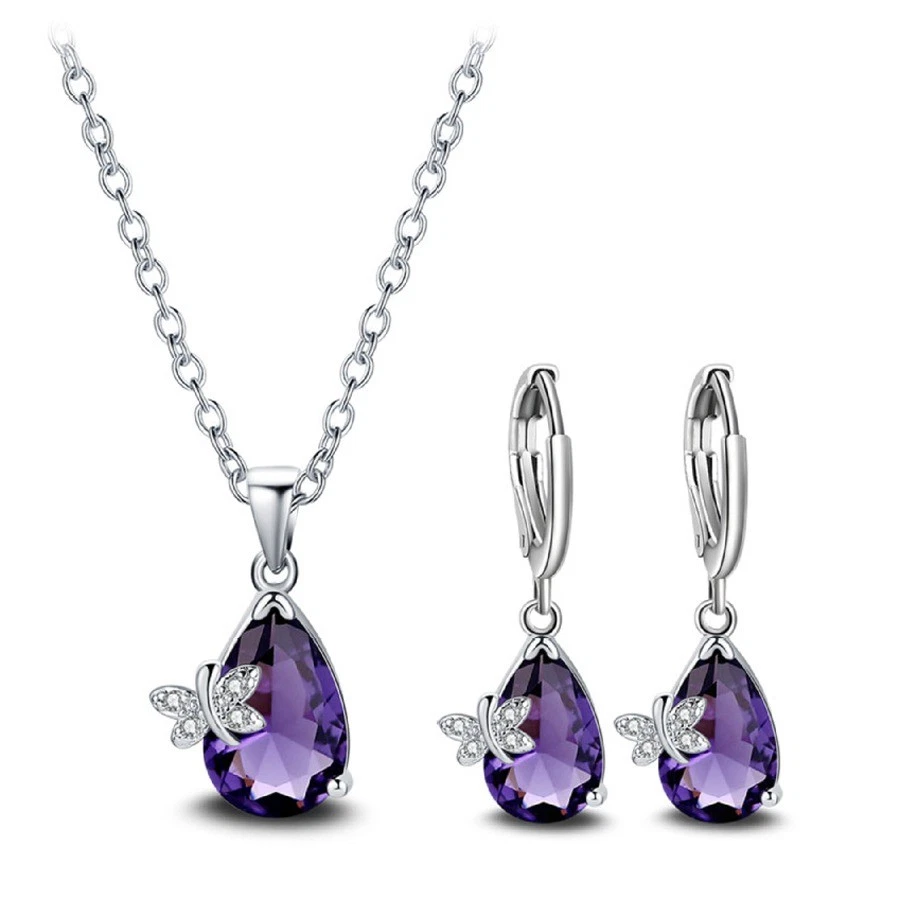 Jewelry Set Butterfly Mystical Purple Amethyst Gemstone Silver Pendant Earrings - Image 2 of 4