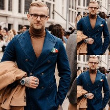 Double Breasted Denim Men's Suits 2Pcs Wide Peak Lapel Jacket Blazer Casual Coat