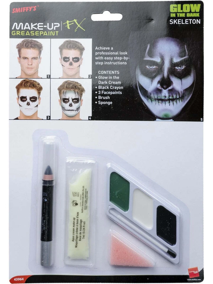 Skeleton Face Paint MakeUp Kit Glow in the Dark Halloween Fancy Dress Make Up - Image 3 of 4