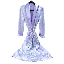 Kathryn Women's Large Satin Robe Lilac Purple Floral Vintage 80s Country Cottage