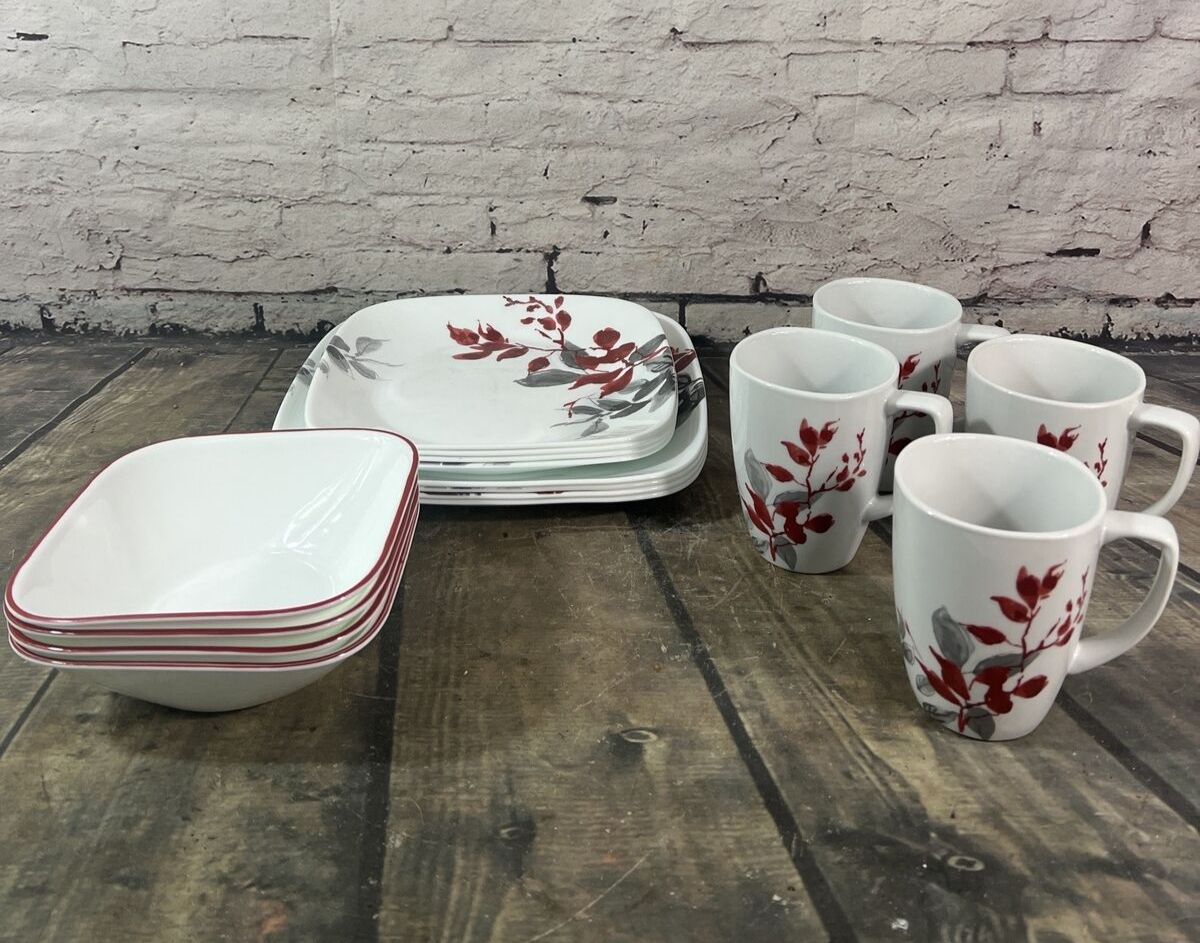 Set Of 16 Corelle Dinnerware “Kyoto Leaves” 8 Plates / 4 Bowls / 4