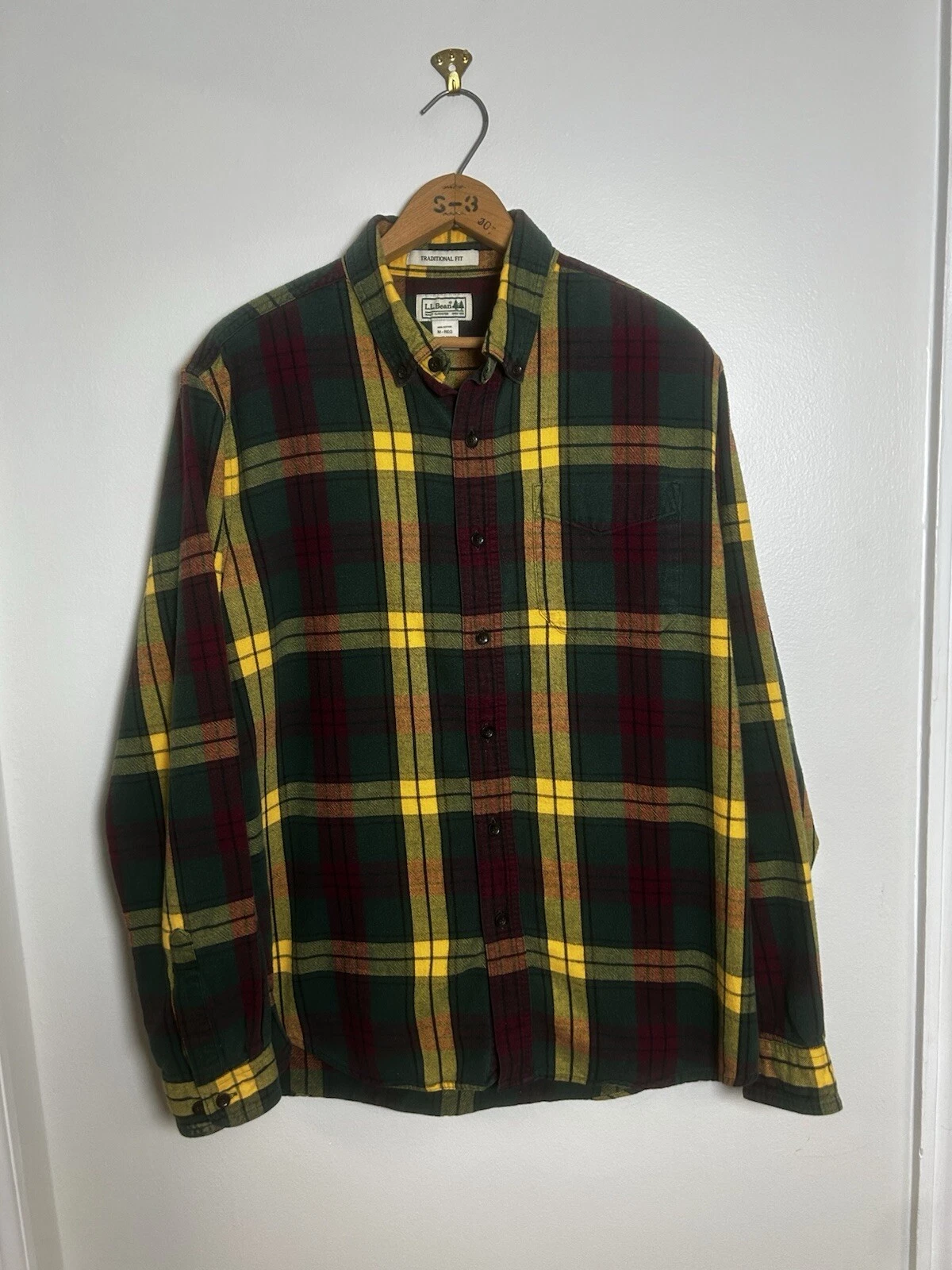 Vintage LL Bean Shirt Mens Green Yellow Plaid Flannel Button Up Outdoor 90s VTG