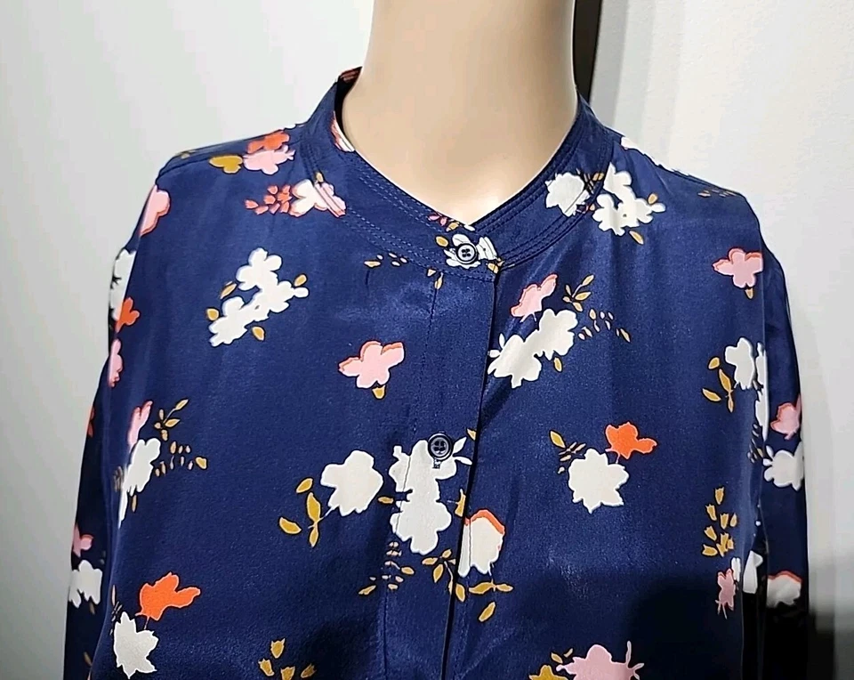 Apiece Apart Navy Silk Floral Button Front 3/4 Sleeve Midi Dress Size 4 - Image 2 of 4
