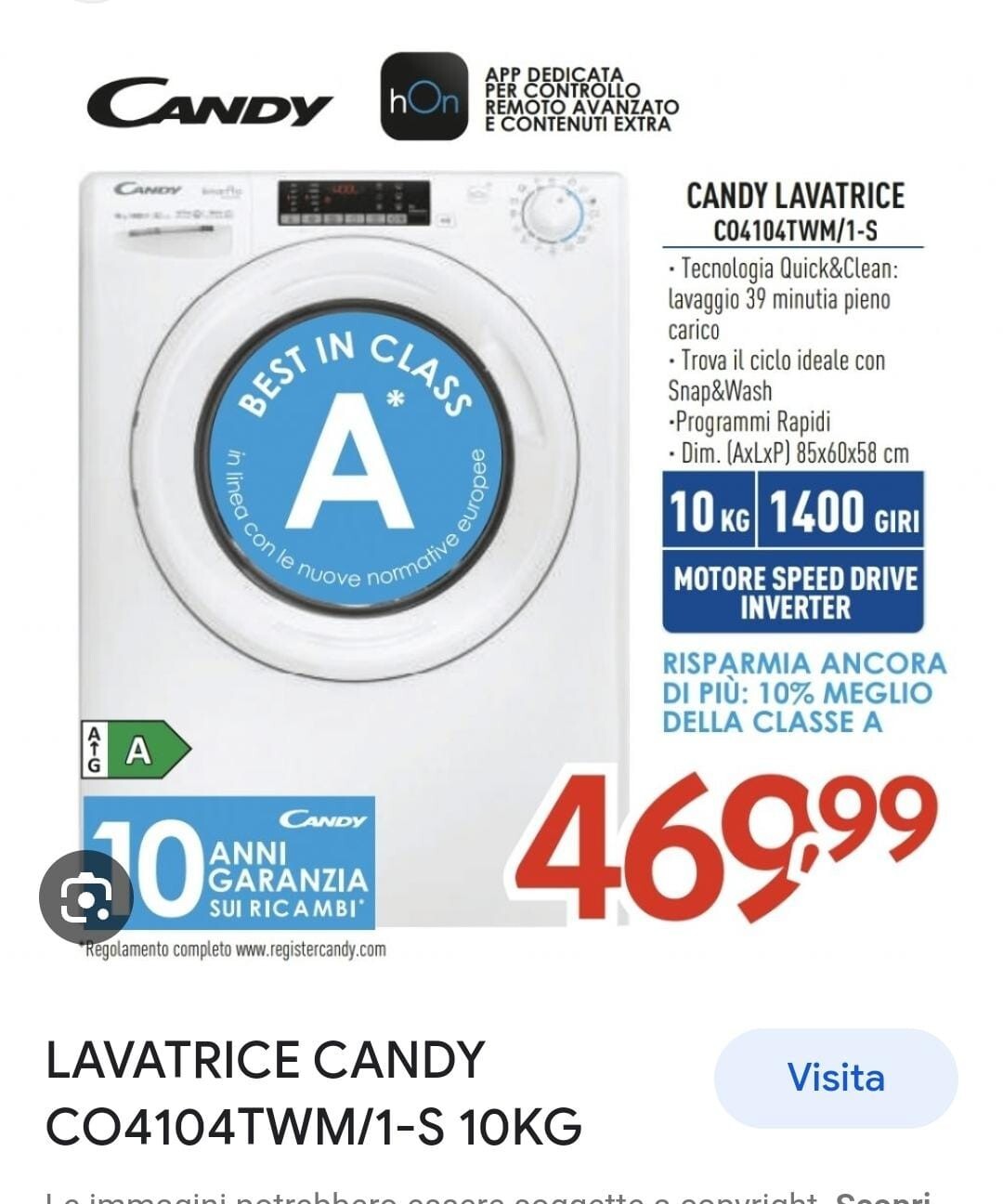 Candy CO4104TWM / 1-S Classe A, 10kg Lavatrice Carica Frontale - Bianca