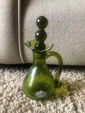 Vintage Rainbow Art glass hand blown cruet with stopper green mid century