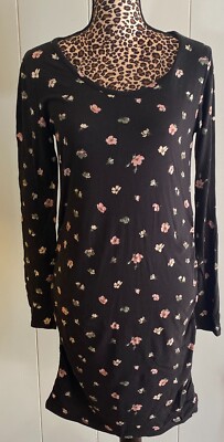 Maternity Floral Bodycon Dress Black Long Sleeve Ruched Side Knee Length