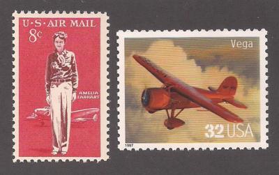 AMELIA EARHART + VEGA AIRCRAFT - 2 U.S. POSTAGE STAMPS - MINT CONDITION