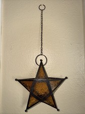 Amber Stained Glass Metal Star Tea Light Candle Holder 10 tall Holiday