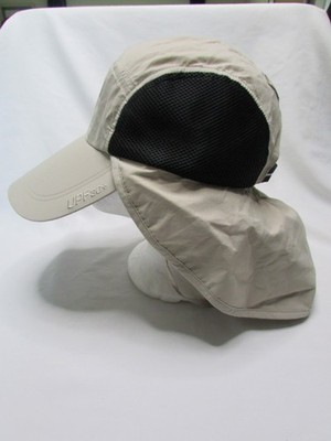 Columbia Khaki Black PFG UPF 30+ Panel Cap Back Flap Chin Cord One Size