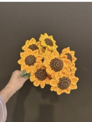 Set of 7 Handmade Crochet Sunflower Bouquet Amigurumi Floral Deco